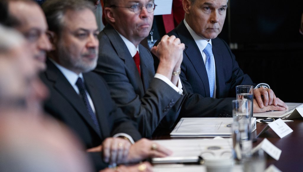 Environmental Protection Agency administrator Scott Pruitt listens as President Donald Trump speaks during a cabinet meeting on April 9, 2018.