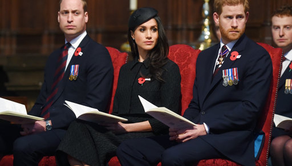 Britain's Prince William, left, Prince Harry and Meghan Markle attend a Service of Thanksgiving and Commemoration on ANZAC Day at Westminster Abbey in London, Wednesday, April 25, 2018. (Eddie Mulholland/Pool via AP)