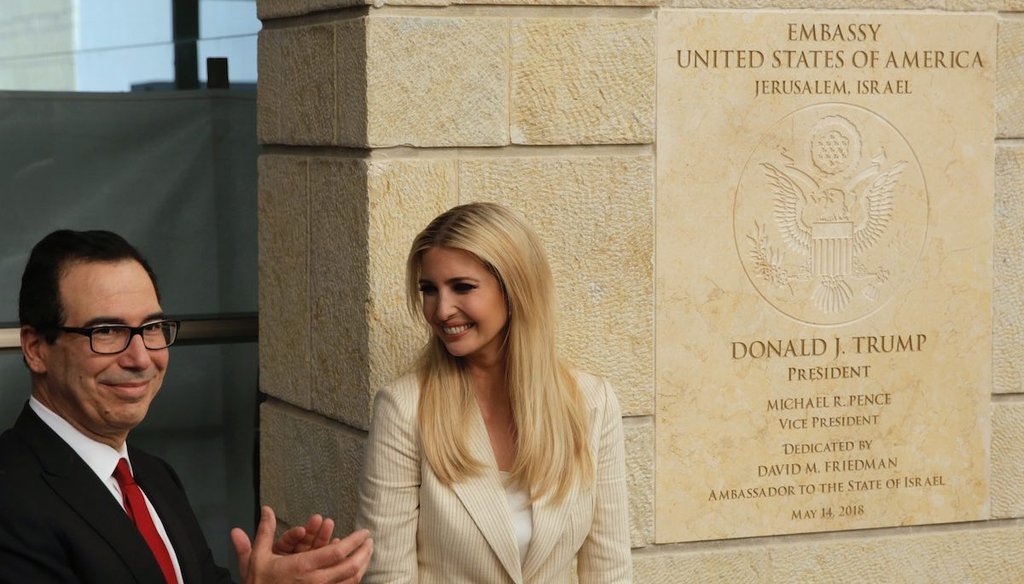 Ivanka Trump and U.S. Treasury Secretary Steve Mnuchin attend the opening ceremony of the new U.S. embassy in Jerusalem, Monday, May 14, 2018.