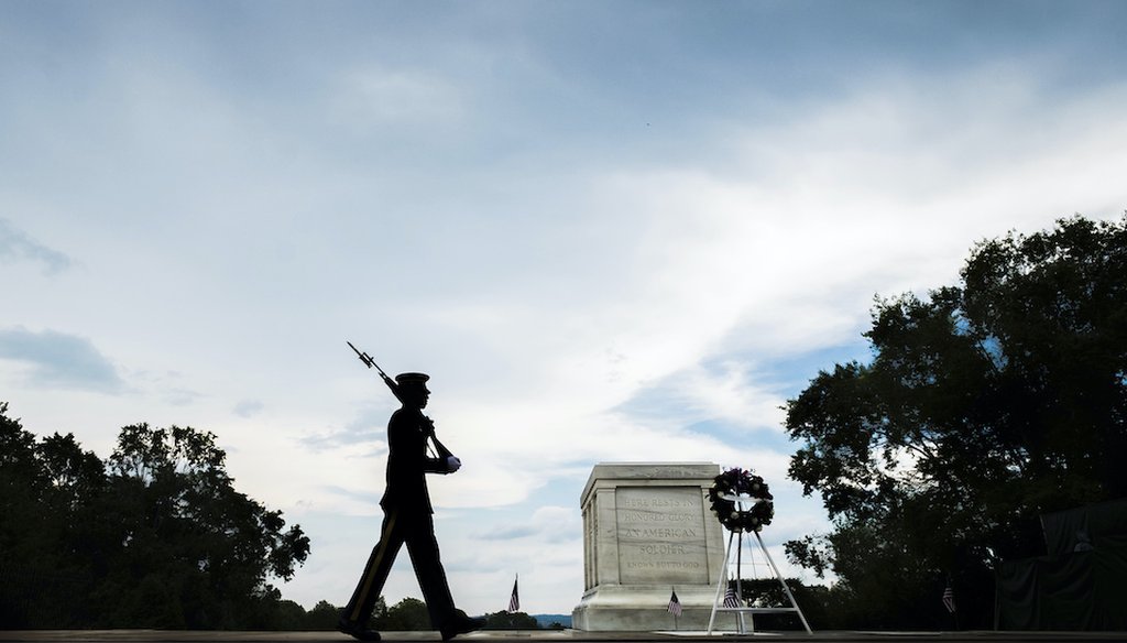 A member of the U.S. Army 3rd Infantry Regiment walks his post in front of The Tomb of the Unknown Soldier in Arlington National Cemetery during the Memorial Day weekend in Arlington, Va., Sunday, May 27, 2018. (AP)