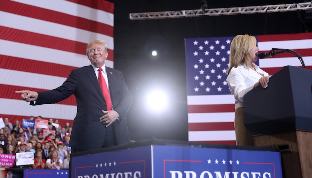 President Donald Trump gestures as Rep. Marsha Blackburn, R-Tenn., speaks at a rally at the Nashville Municipal Auditorium on May 29, 2018, in Nashville, Tenn. (AP)