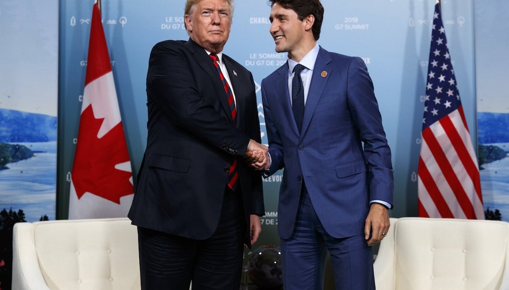 President Donald Trump meets with Canadian Prime Minister Justin Trudeau, whom he later accused of making "false statements," during the G-7 summit on June 8, 2018.
