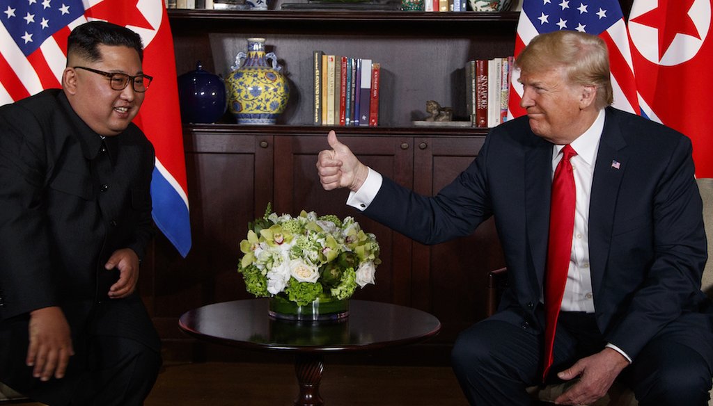 President Donald Trump meets with North Korean leader Kim Jong Un on Sentosa Island June 12, 2018, in Singapore. (AP)