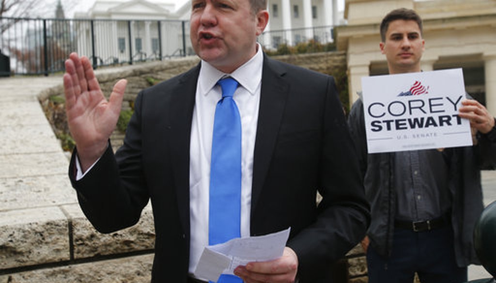 On Feb. 22, 2018, Corey Stewart gestures during a news conference at the Capitol in Richmond, Va. (AP/Steve Helber)