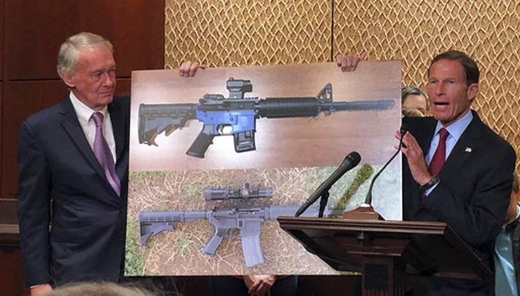 Sen. Edward Markey, D-Mass., and Sen. Richard Blumenthal, D-Ct., display a photo of a plastic gun on July 31, 2018, on Capitol Hill in Washington. (AP/Matthew Daly)
