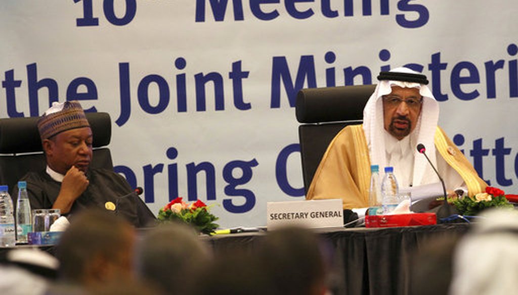 Khalid Al-Falih, the minister of energy, industry and mineral resources of Saudi Arabia, center, speaks during an OPEC meeting in Algiers on Sept. 23, 2018. (AP/Anis Belghoul)