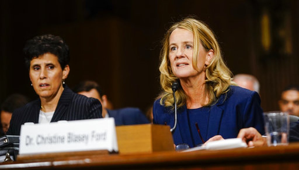 Christine Blasey Ford testifies at a Senate Judiciary Committee hearing on Sept. 27, 2018. (Melina Mara/Pool/The Washington Post)