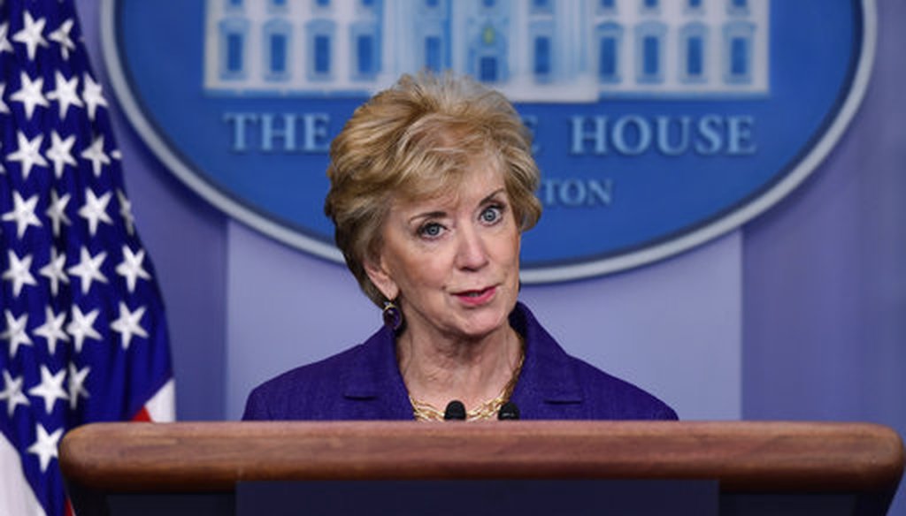 Small Business Administrator Linda McMahon speaks during a briefing at the White House in Washington, Wednesday, Oct. 3, 2018. President Donald Trump gave his quarterly White House salary to the Small Business Administration. (AP)