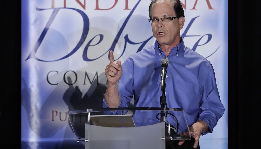 Mike Braun, Republican candidate for U.S. Senate in Indiana, speaks during a debate against Libertarian Lucy Brenton and Democratic Sen. Joe Donnelly on Oct. 8, 2018, in Westville, Ind.