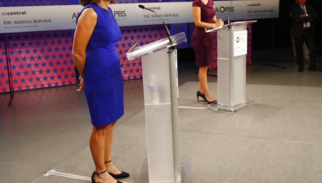 U.S. Senate candidates, U.S. Rep. Martha McSally, R-Ariz., left, and U.S. Rep. Kyrsten Sinema, D-Ariz., debated Oct. 15, 2018, in Phoenix. (AP Photo)