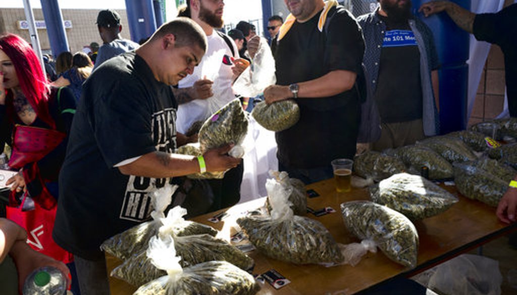 In this Saturday, Oct. 20, 2018 photo a customers survey a selection of marijuana in large plastic bags at the cannabis-themed Kushstock Festival at Adelanto, Calif. (AP Photo/Richard Vogel)