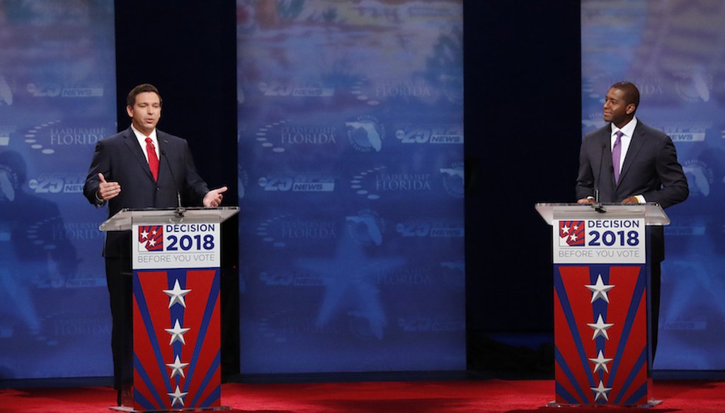 Florida gubernatorial candidate Republican Ron DeSantis speaks as he and Democrat Andrew Gillum debate Oct. 24, 2018, at Broward College in Davie, Fla. (AP)