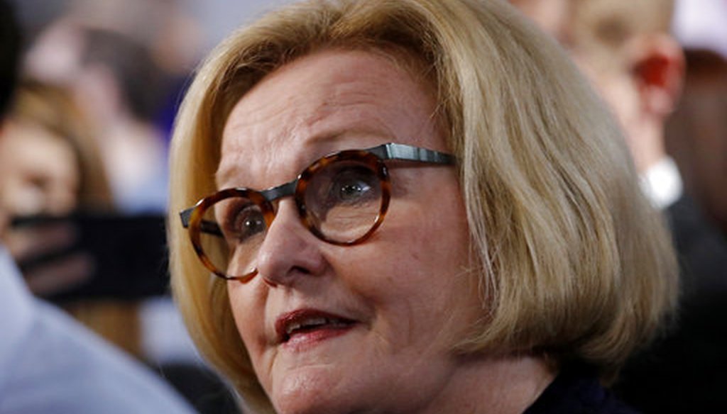 Missouri incumbent Democratic Sen. Claire McCaskill talks to the media after a debate against Republican challenger Josh Hawley on Oct. 25, 2018, in Kansas City, Mo. (AP/Charlie Riedel)