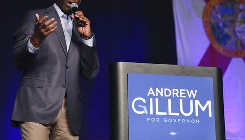 Florida Democratic gubernatorial candidate Andrew Gillum speaks during a rally on the campus of the University of Central Florida in Orlando, Fla., on Saturday, Nov. 3, 2018. (Stephen M. Dowell/Orlando Sentinel via AP)