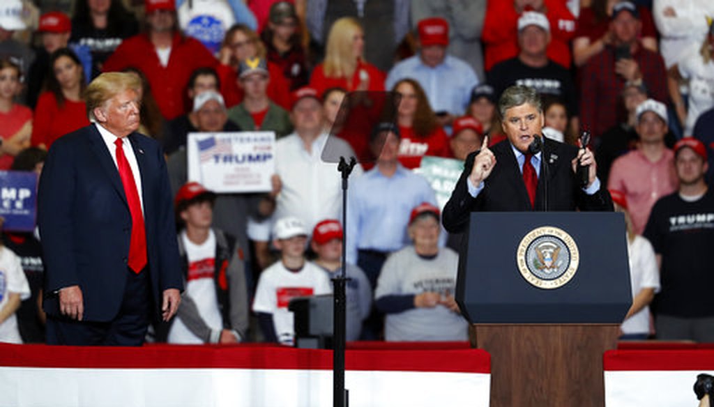 Fox News host Sean Hannity, right, speaks during a campaign rally for then-President Donald Trump listens on Nov. 5, 2018, in Cape Girardeau, Mo. (AP)