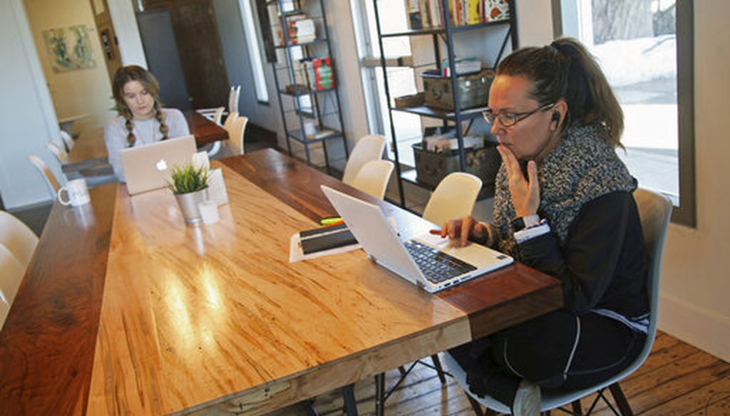 Writer Kristin Nilsen, right, takes advantage of the Quiet Room at ModernWell in Minneapolis. ModernWell is one of a growing number of women-only and women-focused workspaces around the country. (AP)