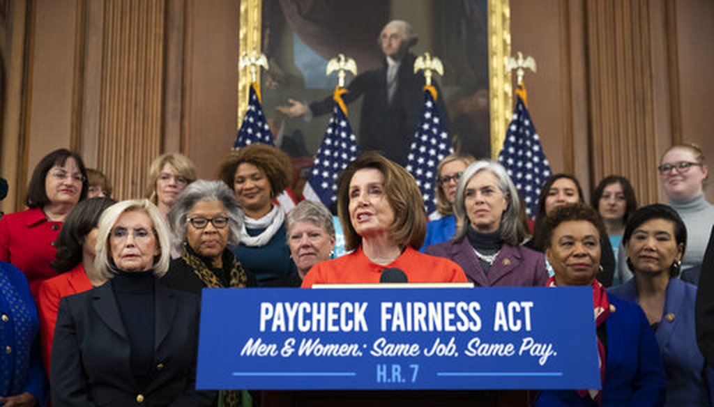 Speaker of the House Nancy Pelosi, D-Calif., joined at left by Lilly Ledbetter, an activist for workplace equality, speaks at an event to advocate for the Paycheck Fairness Act, Jan. 30, 2019. (AP Photo/J. Scott Applewhite)