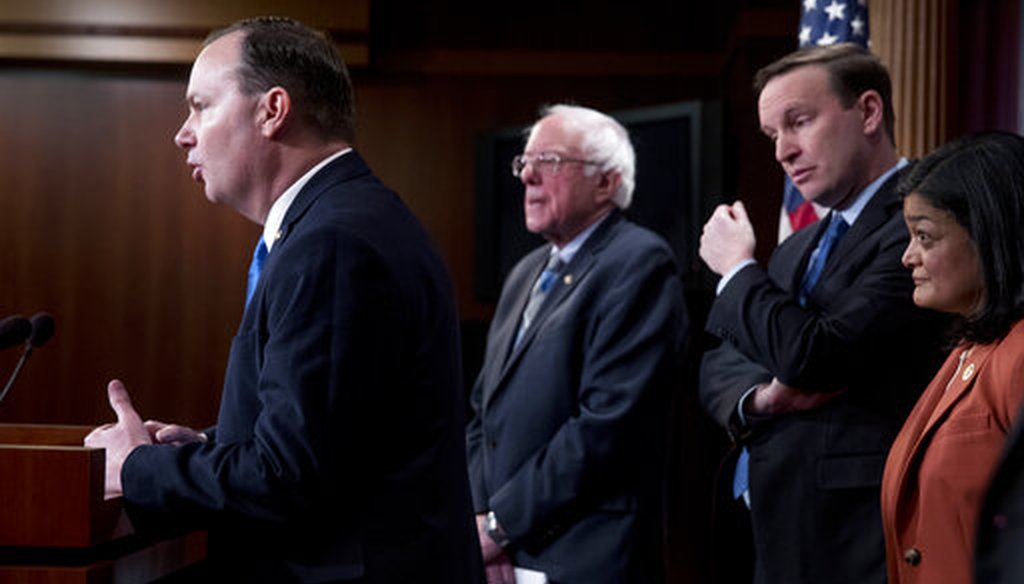 Sen. Mike Lee, R-Utah, joins Sen. Bernie Sanders, I-Vt., Sen. Chris Murphy, D-Conn., and Rep. Pramila Jayapal, D-Wash., on Jan. 30, 2019, to reintroduce a resolution to end U.S. support for the Saudi-led war in Yemen. (AP)