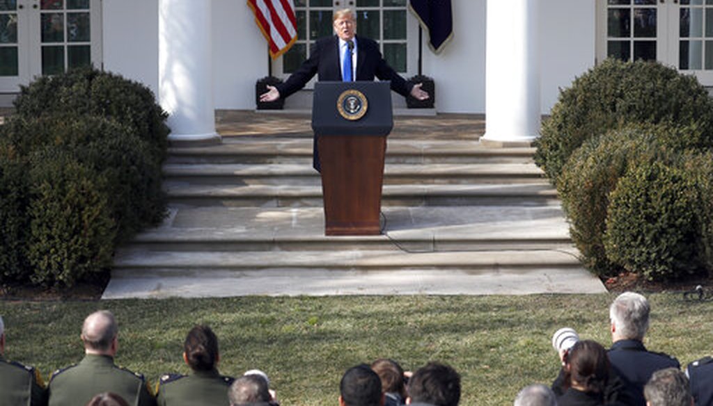 President Donald Trump speaks during an event in the Rose Garden at the White House to declare a national emergency in order to build a wall along the southern border, Friday, Feb. 15, 2019, in Washington. (AP Photo/Pablo Martinez Monsivais)