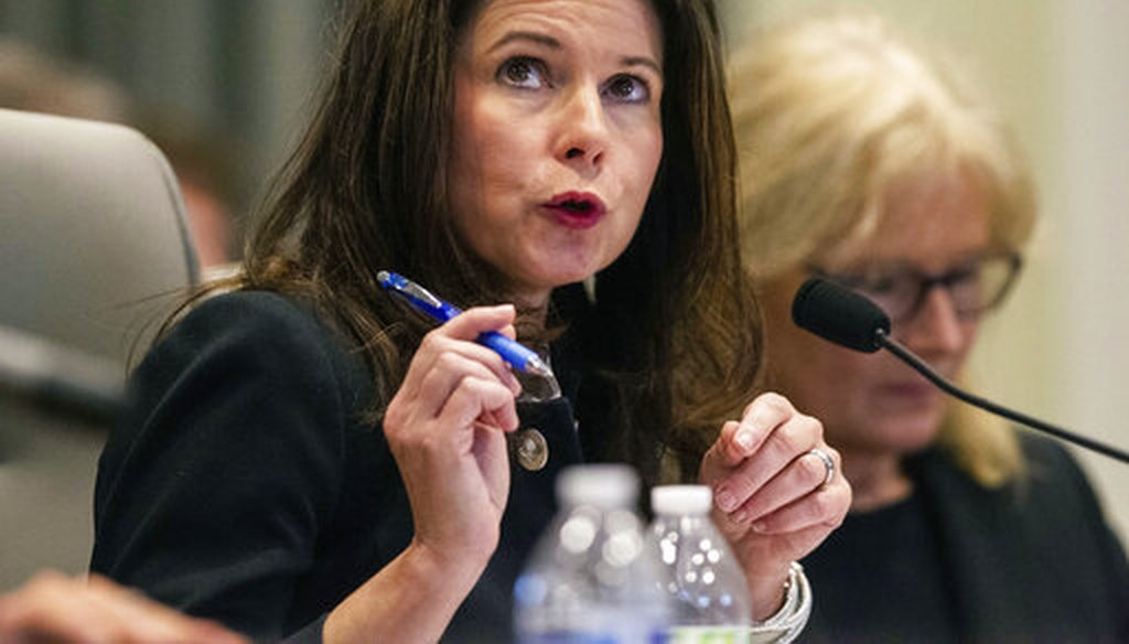 Kim Westbrook Strach, left, executive director of the Bipartisan State Board of Elections & Ethics Enforcement, during hearings on 9th Congressional District voting irregularities, on Feb. 19, 2019. (News & Observer via AP,  Pool)
