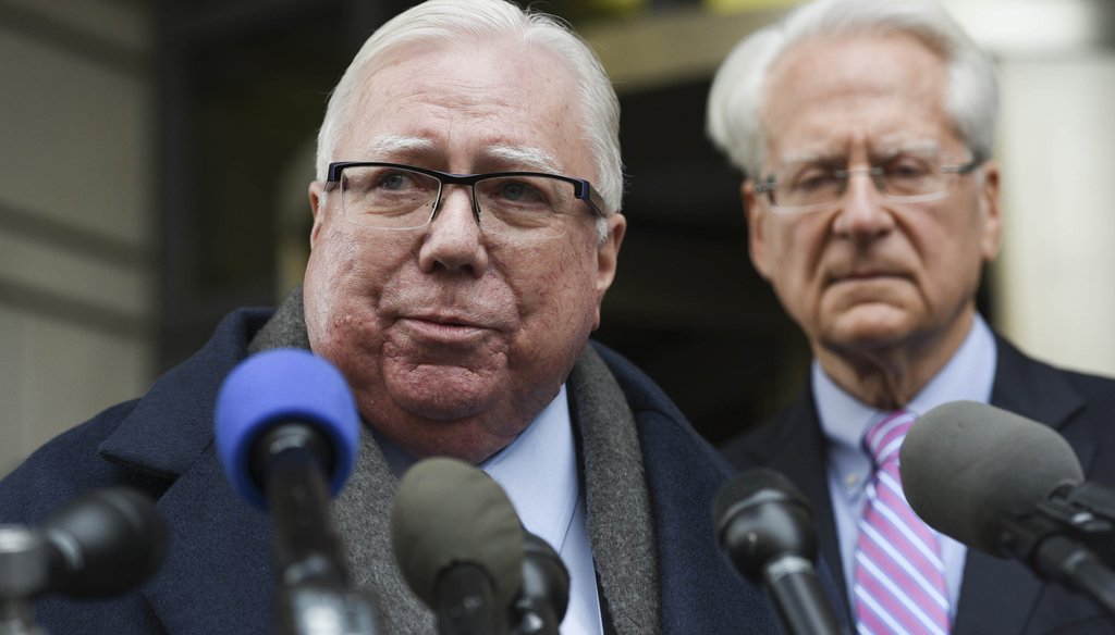 In this Jan. 3, 2019, file photo, Jerome Corsi, left, speaks during a news conference as his lawyer Larry Klayman stands behind him outside the federal courthouse in Washington. (AP)