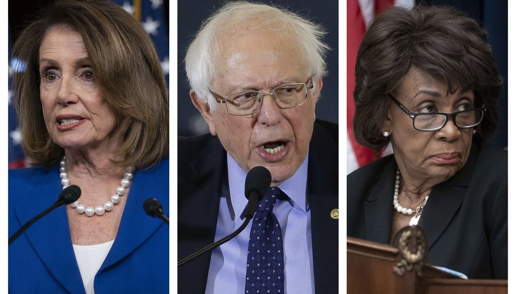 This combination of 2019 file photos shows House Speaker Nancy Pelosi, Sen. Bernie Sanders and House Financial Services Committee Chair Maxine Waters. (AP)