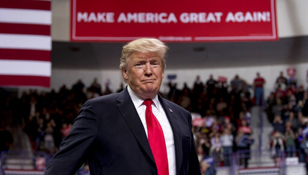 President Donald Trump takes the stage at a rally at Resch Center Complex in Green Bay, Wis., on April 27, 2019. (AP)
