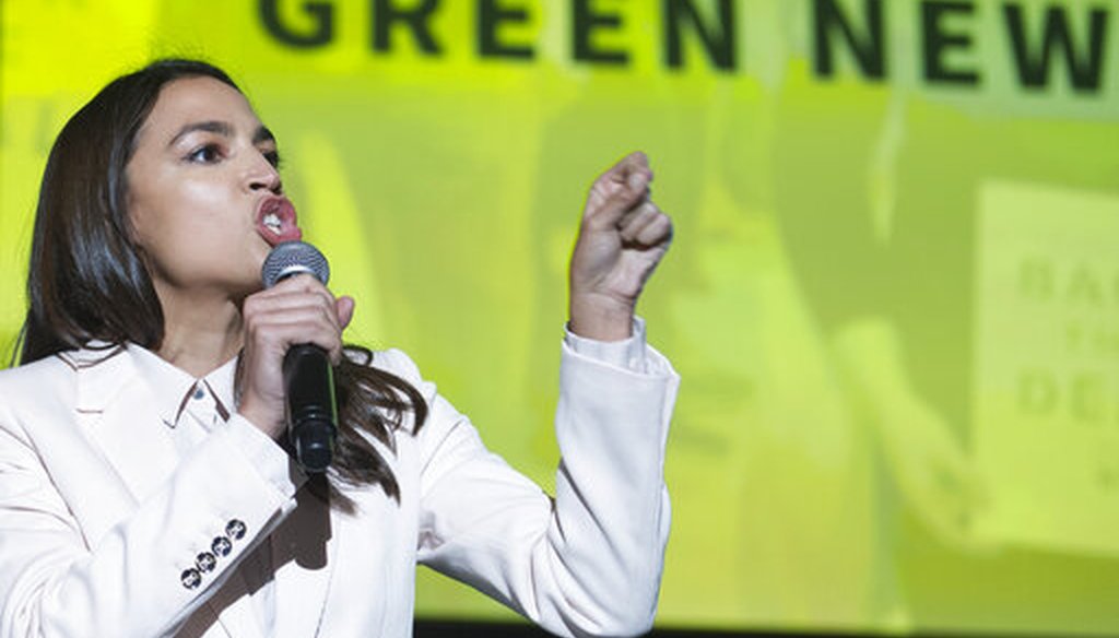 Rep. Alexandria Ocasio-Cortez, D-N.Y., addresses a Road to the Green New Deal Tour in Washington, D.C., on May 13, 2019. (AP)