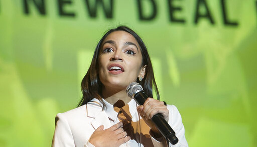 Rep. Alexandria Ocasio-Cortez, D-N.Y., addresses a Road to the Green New Deal Tour event at Howard University in Washington, May 13, 2019. (AP)