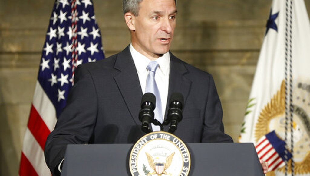 Acting Director, US Citizenship and Immigration Services, Kenneth T. Cuccinelli speaks at a naturalization ceremony in celebration of Independence Day at the National Archives in Washington, July 4, 2019. (AP/Pablo Martinez Monsivais)