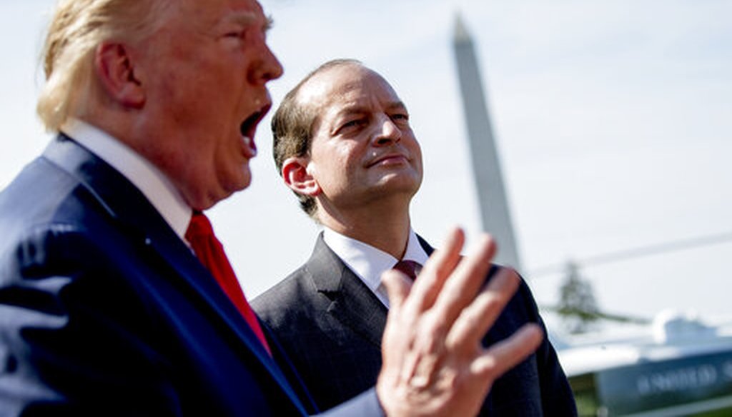 President Donald Trump appears in Washington July 12, 2019, with former Labor Secretary Alex Acosta who stepped down amid criticism of his handling of the Jeffrey Epstein case. (AP)