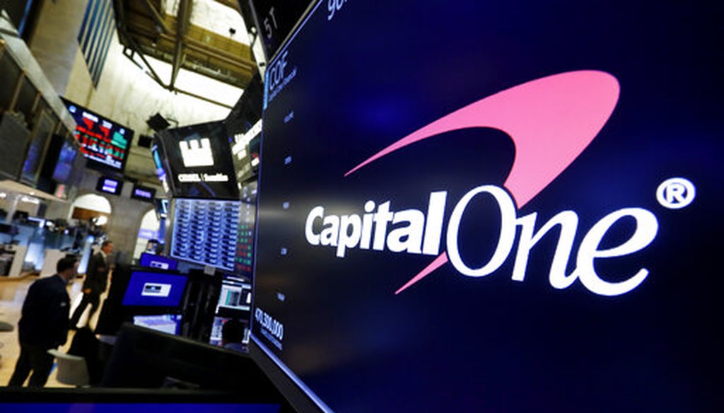 In this Tuesday, July 30, 2019, file photo, the logo for Capital One Financial appears above a trading post on the floor of the New York Stock Exchange. (AP)