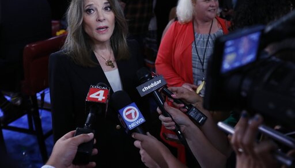 Marianne Williamson talks to reporters after the Democratic presidential primary debate hosted by CNN on July 30, 2019, in Detroit. (AP/Osorio)