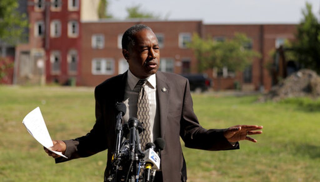 Housing and Urban Development Sec. Ben Carson speaks during a trip to Baltimore, July 31, 2019. (AP Photo)