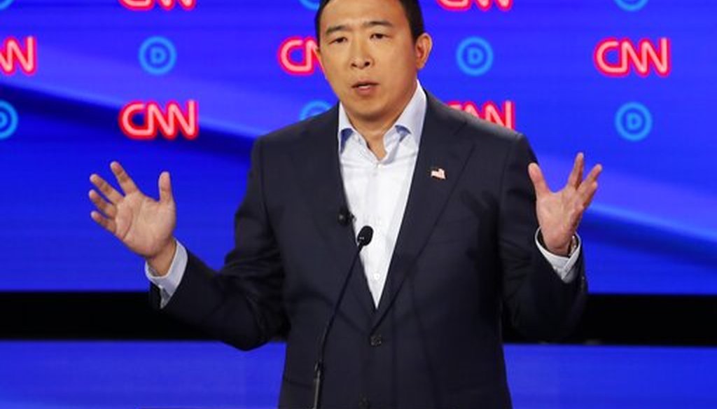 Andrew Yang participates in a Democratic presidential primary debate on July 31, 2019, in Detroit. (AP)