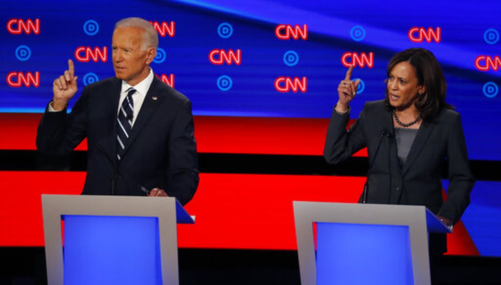 Former Vice President Joe Biden and Sen. Kamala Harris, D-Calif., participate in a Democratic presidential primary debate on July 31, 2019, in Detroit. (AP/Sancya)