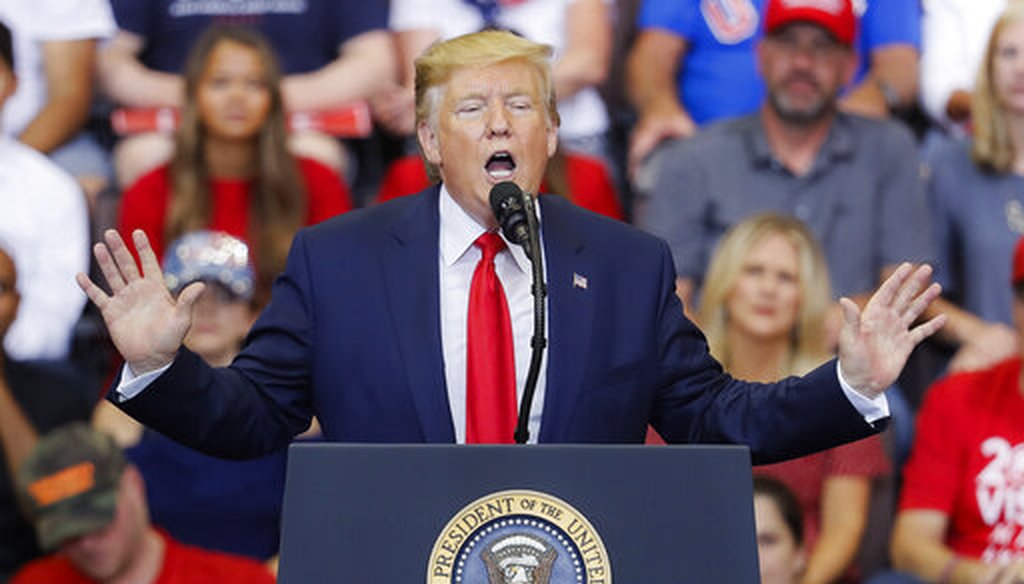 President Donald Trump speaks at a campaign rally Aug. 1, 2019, in Cincinnati. (AP Photo)