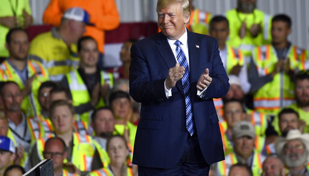 President Donald Trump speaks in Monaca, Pa., on Aug. 13, 2019, during a visit to Shell's soon-to-be completed Pennsylvania Petrochemicals Complex. (AP)