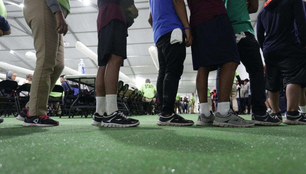 In this July 9, 2019 photo, immigrant children line up in the dining hall at the Carrizo Springs, Texas facility. (AP)