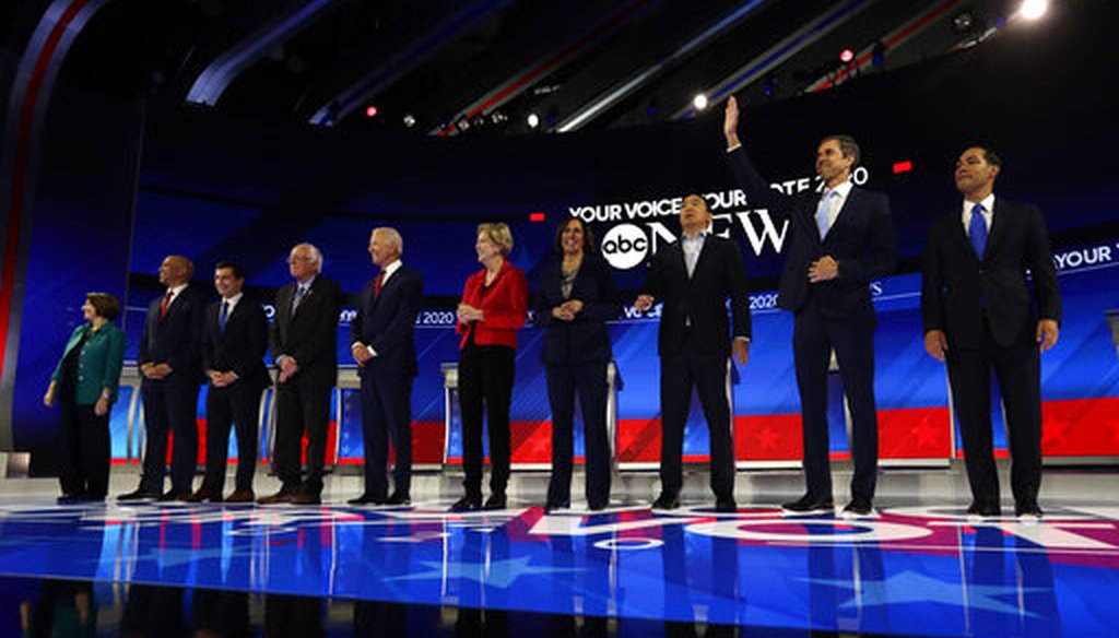 Democratic presidential candidates are introduced for the Democratic presidential primary debate hosted by ABC on the campus of Texas Southern University Thursday, Sept. 12, 2019, in Houston. (AP)