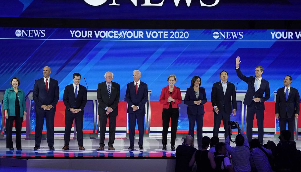 Democratic presidential candidates are introduced Sept. 12, 2019, before a Democratic presidential primary debate hosted by ABC at Texas Southern University in Houston. (AP)