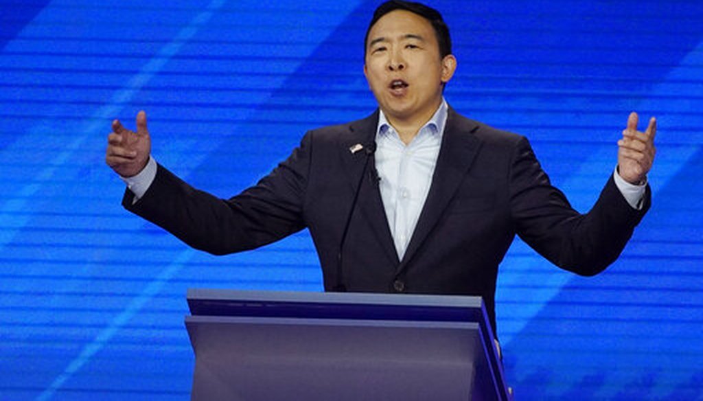 Democratic presidential candidate entrepreneur Andrew Yang speaks on Sept. 12, 2019, during a Democratic presidential primary debate in Houston. (AP)