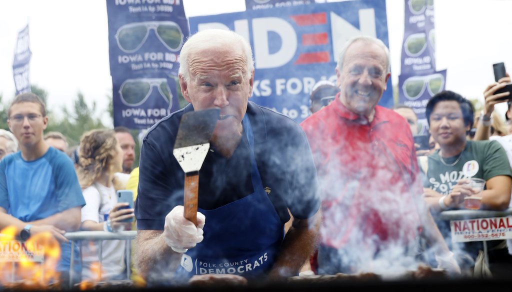President Joe Biden, then a candidate for president, worked the grill during the Polk County Democrats Steak Fry on Sept. 21, 2019, in Des Moines, Iowa. (AP/Neibergall)