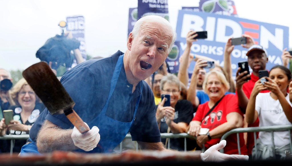 President Joe Biden, then a candidate for president, worked the grill during the Polk County Democrats Steak Fry on Sept. 21, 2019, in Des Moines, Iowa. (AP/Neibergall)