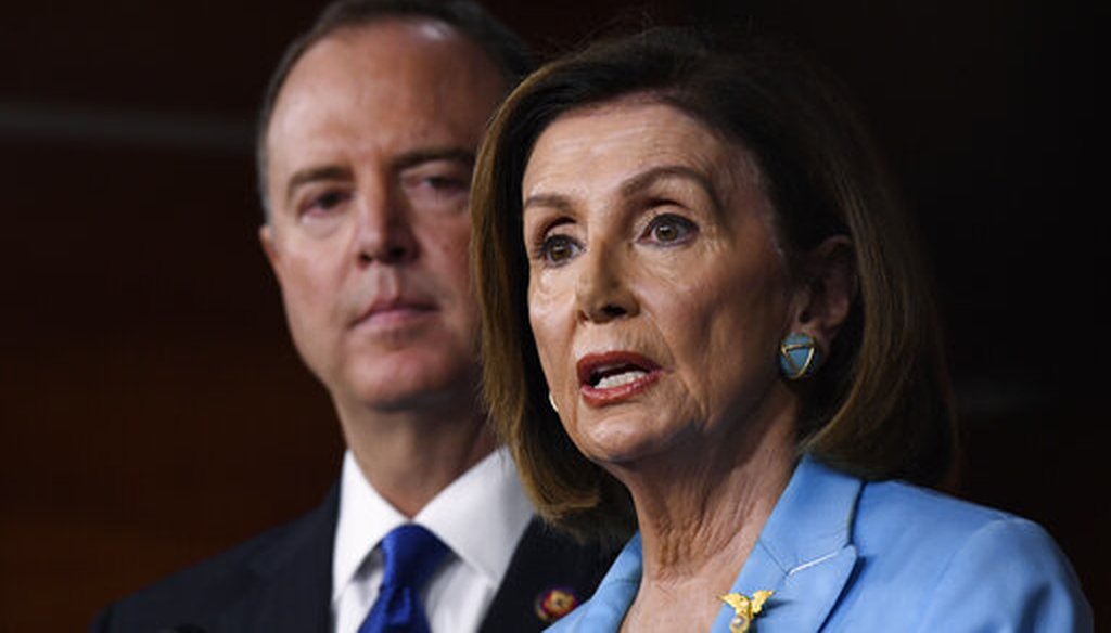 House Speaker Nancy Pelosi, D-Calif., joined by House Intelligence Committee Chairman Rep. Adam Schiff, D-Calif., speaks during an Oct. 2, 2019, news conference on Capitol Hill in Washington. (AP/Walsh)