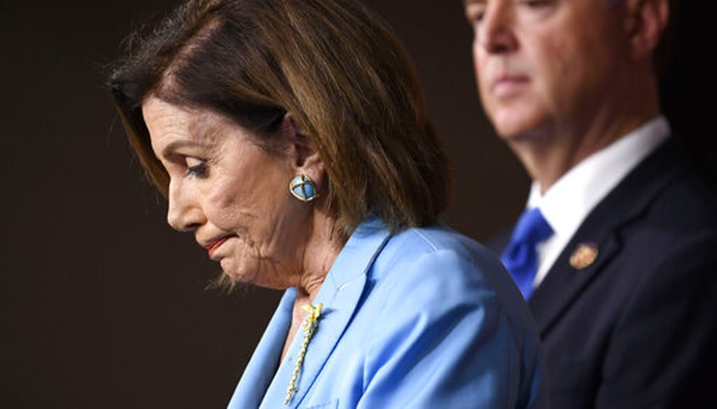 House Speaker Nancy Pelosi of Calif., left, joined by House Intelligence Committee Chairman Rep. Adam Schiff, D-Calif., right, arrive for a news conference on Capitol Hill, Oct. 2, 2019 (AP)