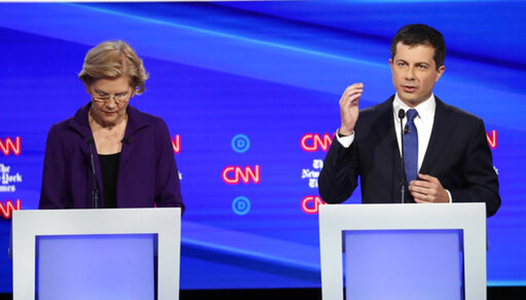 Elizabeth Warren and Pete Buttigieg sparred over health care during a Democratic presidential debate on Oct. 15, 2019, in Westerville, Ohio. (AP)