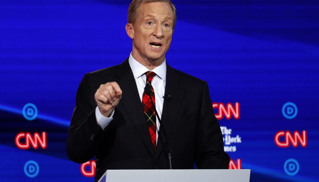 Businessman Tom Steyer answers a question during a Democratic presidential primary debate hosted by CNN/New York Times at Otterbein University on Oct. 15, 2019, in Westerville, Ohio. (AP)