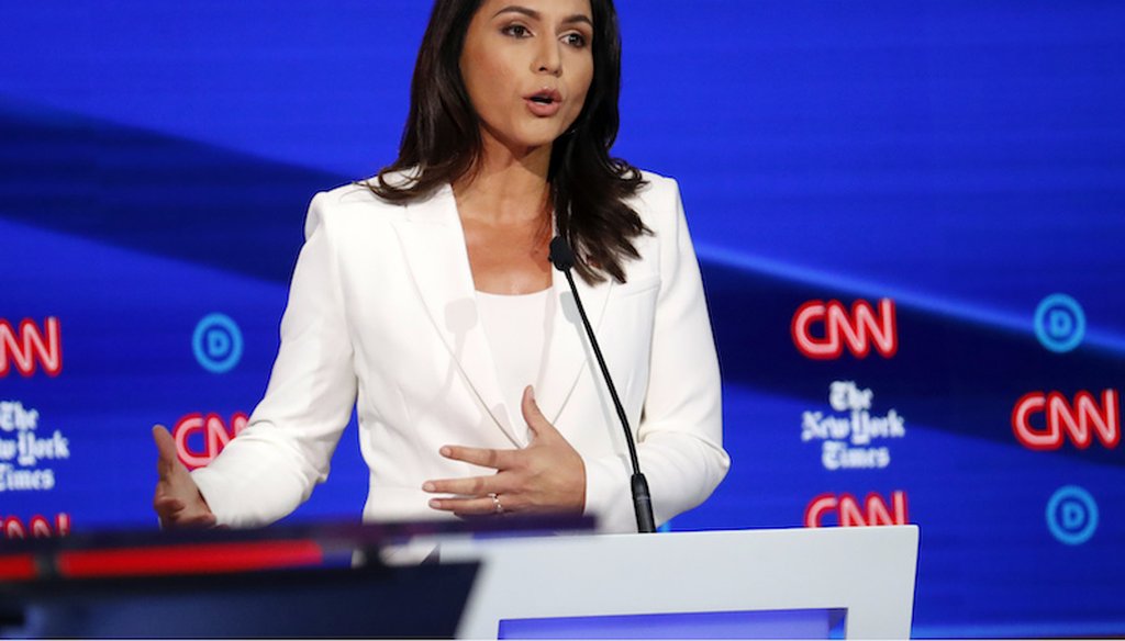 U.S. Rep. Tulsi Gabbard, D-Hawaii, participates in a Democratic presidential primary debate hosted by CNN/New York Times at Otterbein University, Oct. 15, 2019, in Westerville, Ohio.