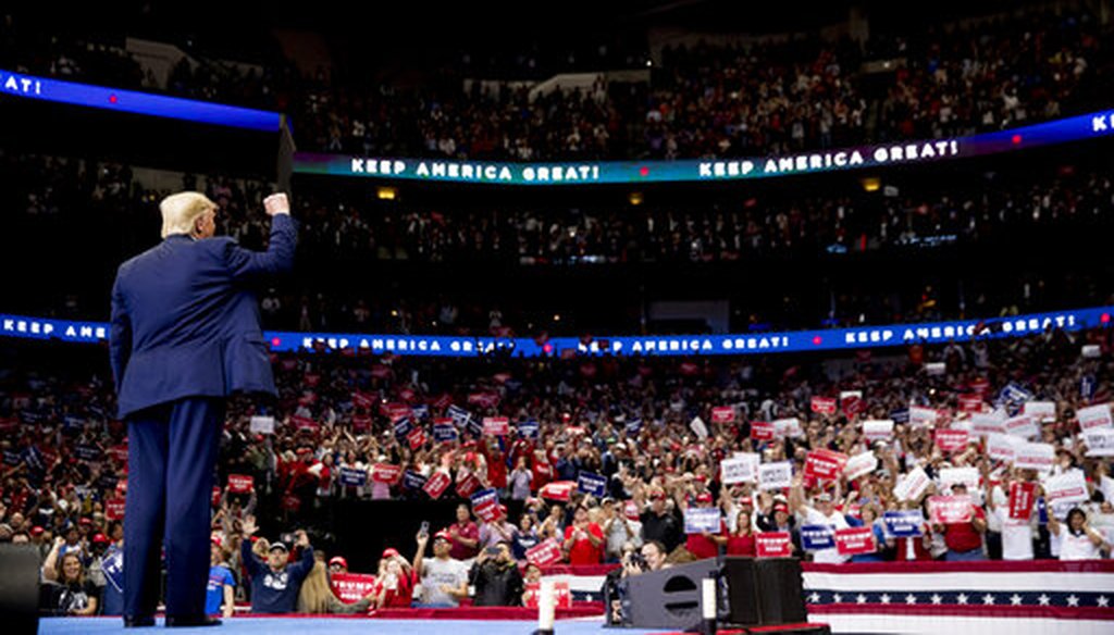 President Donald Trump at a campaign rally at American Airlines Arena in Dallas, Texas, on Oct. 17, 2019. (AP/Harnik)